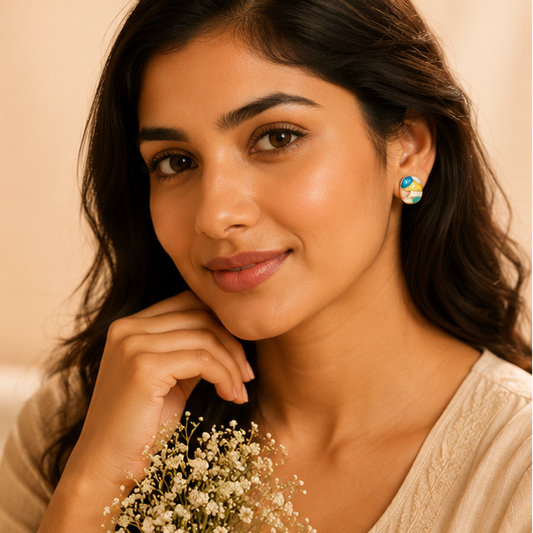 Pair of colourful mosaic enamel stud earrings in gold-tone alloy – lightweight geometric earrings for college and daily wear