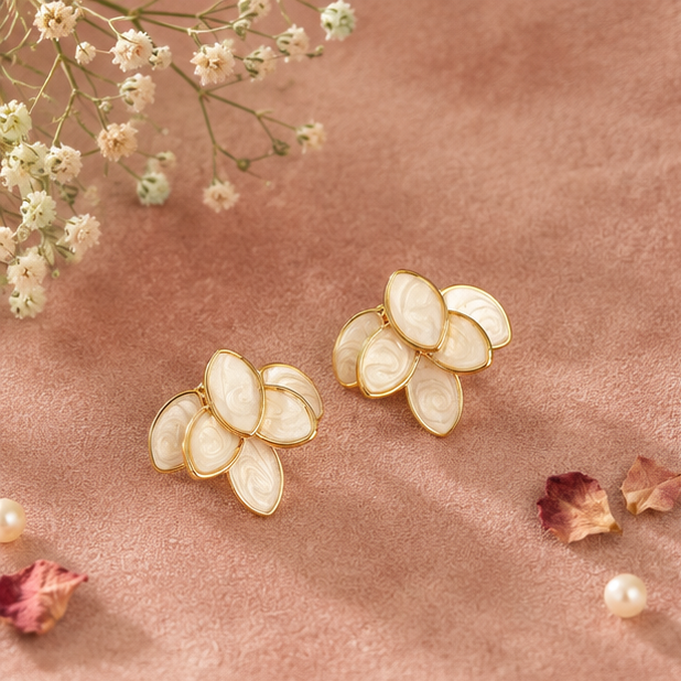 Gold tone cream petal earrings closeup marbled enamel JeevaFashions