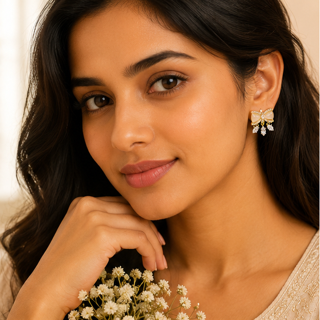 Crystal bow stud earrings with rhinestone-studded enamel bow and crystal dangle drops – lightweight party wear earrings for women