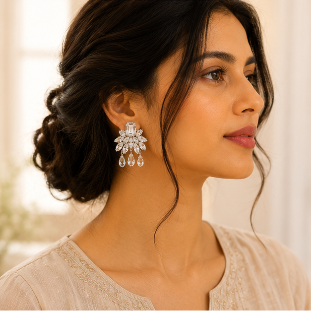 Crystal floral drop earrings styled for festive occasions – silver transparent dangle earrings for lehenga and saree styling