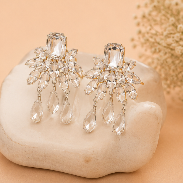 Crystal floral dangle drop earrings in silver finish – party wear and gifting earrings for Indian women – Diwali and festive occasions