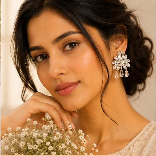 Close-up of crystal floral drop earrings with sparkling clear crystal stones – silver-toned dangle earrings for Indian women