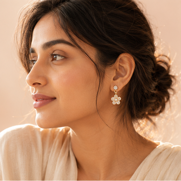 Close-up of crystal flower drop earrings in gold tone – sparkling floral crystal dangle earrings for daily wear and gifting