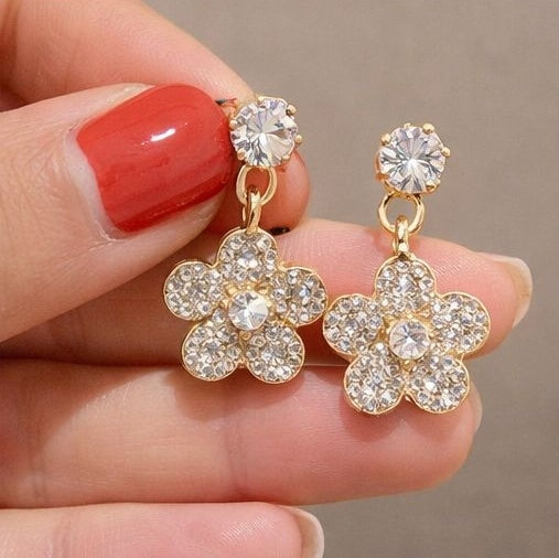 Crystal flower drop earrings styled for Indian women – gold tone floral dangle earrings for festive occasions, Diwali and daily wear