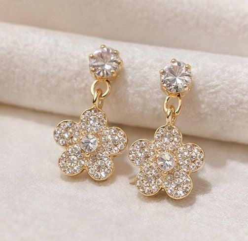 Crystal flower drop earrings in gold tone – lightweight dangle earrings for Indian women – daily wear and festive occasions