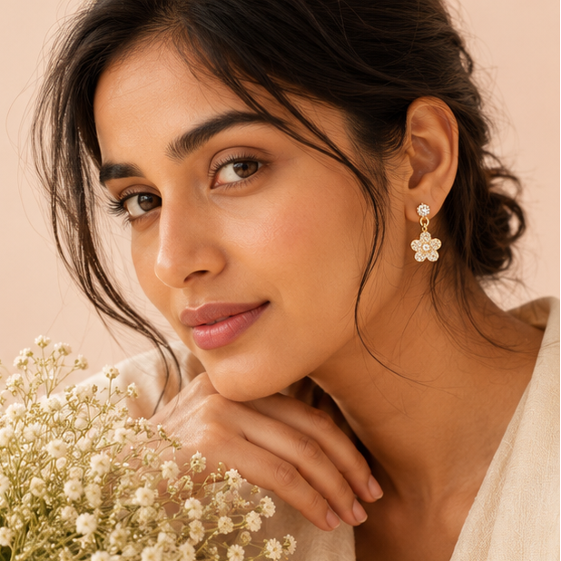 Crystal flower drop earrings in gold tone – lightweight dangle earrings for Indian women – daily wear and festive occasions
