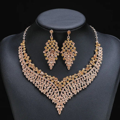 Crystal fringe necklace chandelier earring set champagne gold CZ party wear for women – JeevaFashions