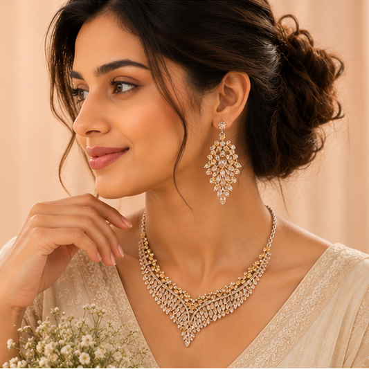 Crystal fringe V-necklace with champagne CZ stones – anti-tarnish party wear jewellery set for women