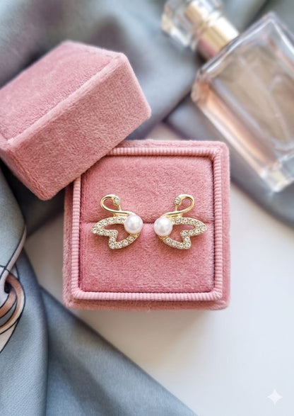 Crystal swan earrings close up detail JeevaFashions