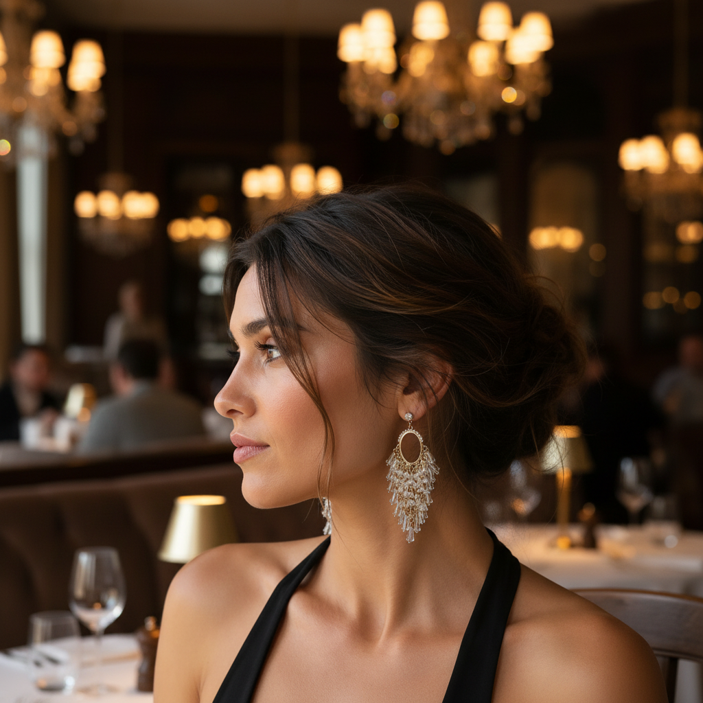 Close-up of crystal tassel chandelier earrings with gold-tone rhinestone oval hoop – lightweight festive earrings for lehenga and occasion wear