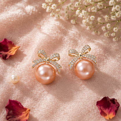 CZ bow peach pearl earrings styled for festive occasion JeevaFashions