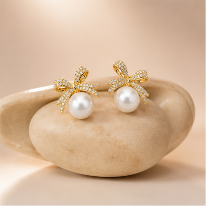CZ bow pearl earrings for weddings and sangeet JeevaFashions