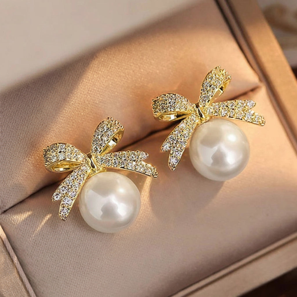 CZ bow pearl stud earrings gold tone for women JeevaFashions