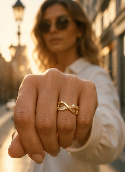 Close-up of CZ studded infinity band ring with cubic zirconia stones in gold-tone stainless steel – tarnish resistant daily wear ring for women
