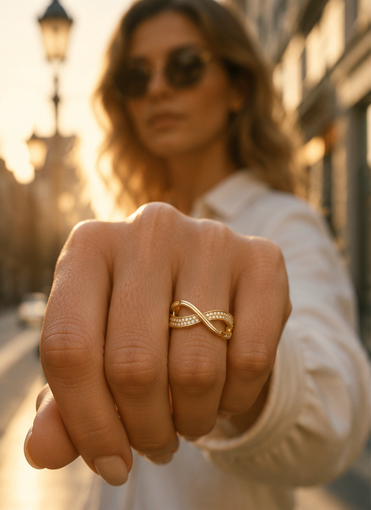 Close-up of CZ studded infinity band ring with cubic zirconia stones in gold-tone stainless steel – tarnish resistant daily wear ring for women
