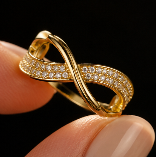 CZ studded infinity band ring in gold tone stainless steel for women – daily wear ring with cubic zirconia and plain polished reverse