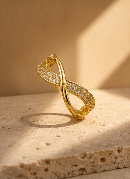 Gold tone CZ infinity band ring stacked with other rings – daily wear and gifting ring for Indian women
