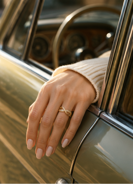 CZ infinity band ring styled on hand in gold tone stainless steel – everyday stacking ring for Indian women