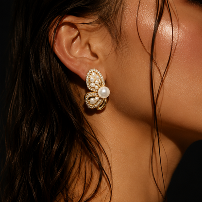 CZ pearl butterfly earrings styled for festive occasion JeevaFashions