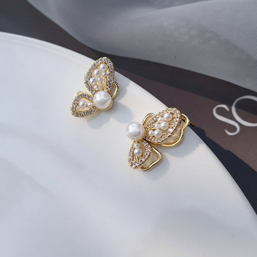 CZ pearl butterfly stud earrings gold tone for women JeevaFashions