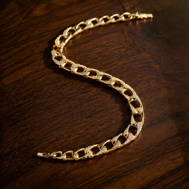 Close-up of CZ stones on gold chain bracelet – cubic zirconia twist link bracelet for weddings and festive occasions