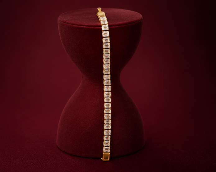 18K gold plated stainless steel CZ tennis bracelet with rectangle stones – travel and occasion wear jewellery for Indian women