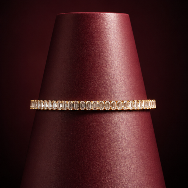 Gold plated CZ rectangle stone tennis bracelet flat lay – festive and wedding jewellery for Indian women