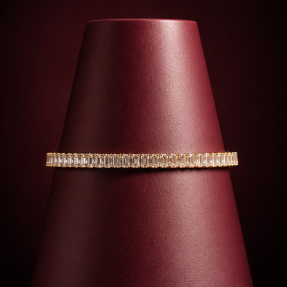 Gold plated CZ rectangle stone tennis bracelet flat lay – festive and wedding jewellery for Indian women