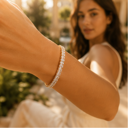 Indian woman wearing 18K gold plated CZ tennis bracelet with rectangle stones – styled for festive and occasion wear