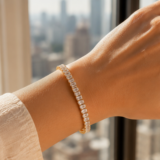 CZ tennis bracelet with rectangle cubic zirconia stones on wrist – 18K gold plated stainless steel party wear bracelet for women