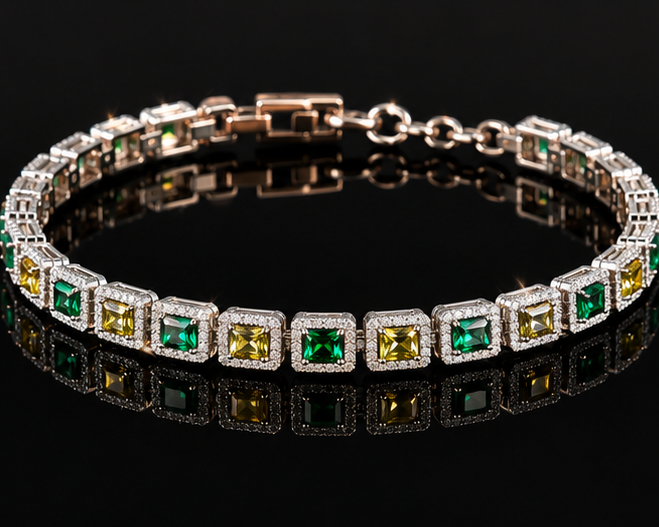 Side view of stainless steel CZ tennis bracelet with green yellow stones – anti-tarnish and waterproof
