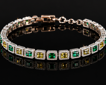 Side view of stainless steel CZ tennis bracelet with green yellow stones – anti-tarnish and waterproof
