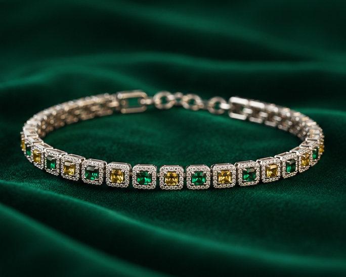 Elegant green yellow cubic zirconia tennis bracelet flat lay – stainless steel party wear jewellery for women