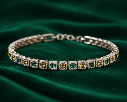 Elegant green yellow cubic zirconia tennis bracelet flat lay – stainless steel party wear jewellery for women