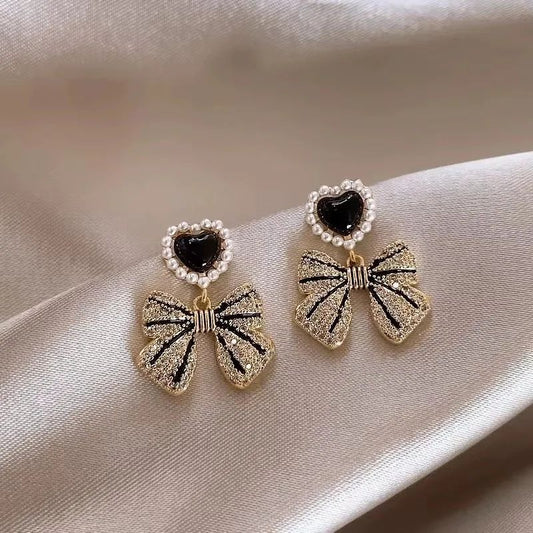 Elegant pearl heart bow drop earrings for women JeevaFashions