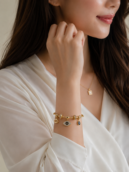 Evil eye charm bracelet close up detail JeevaFashions