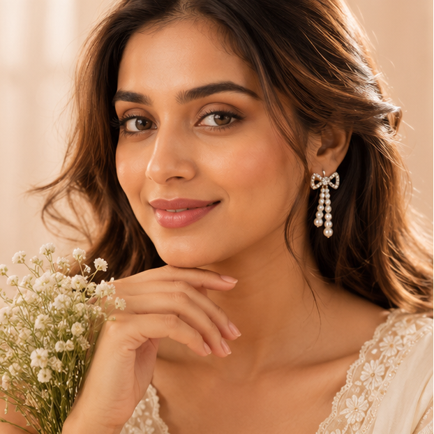 Front view of faux pearl chandelier earrings with crystal pavé bow stud and three-tier cascading pearl drop for Indian bridal wear
