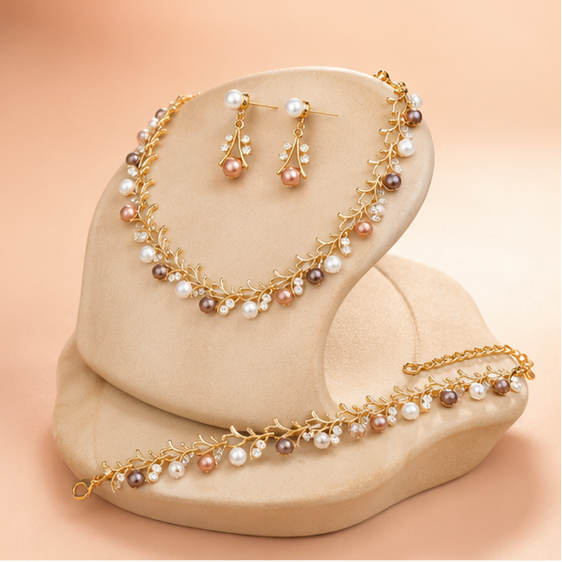 Multicolour pearl necklace earrings and bracelet set for women at JeevaFashions