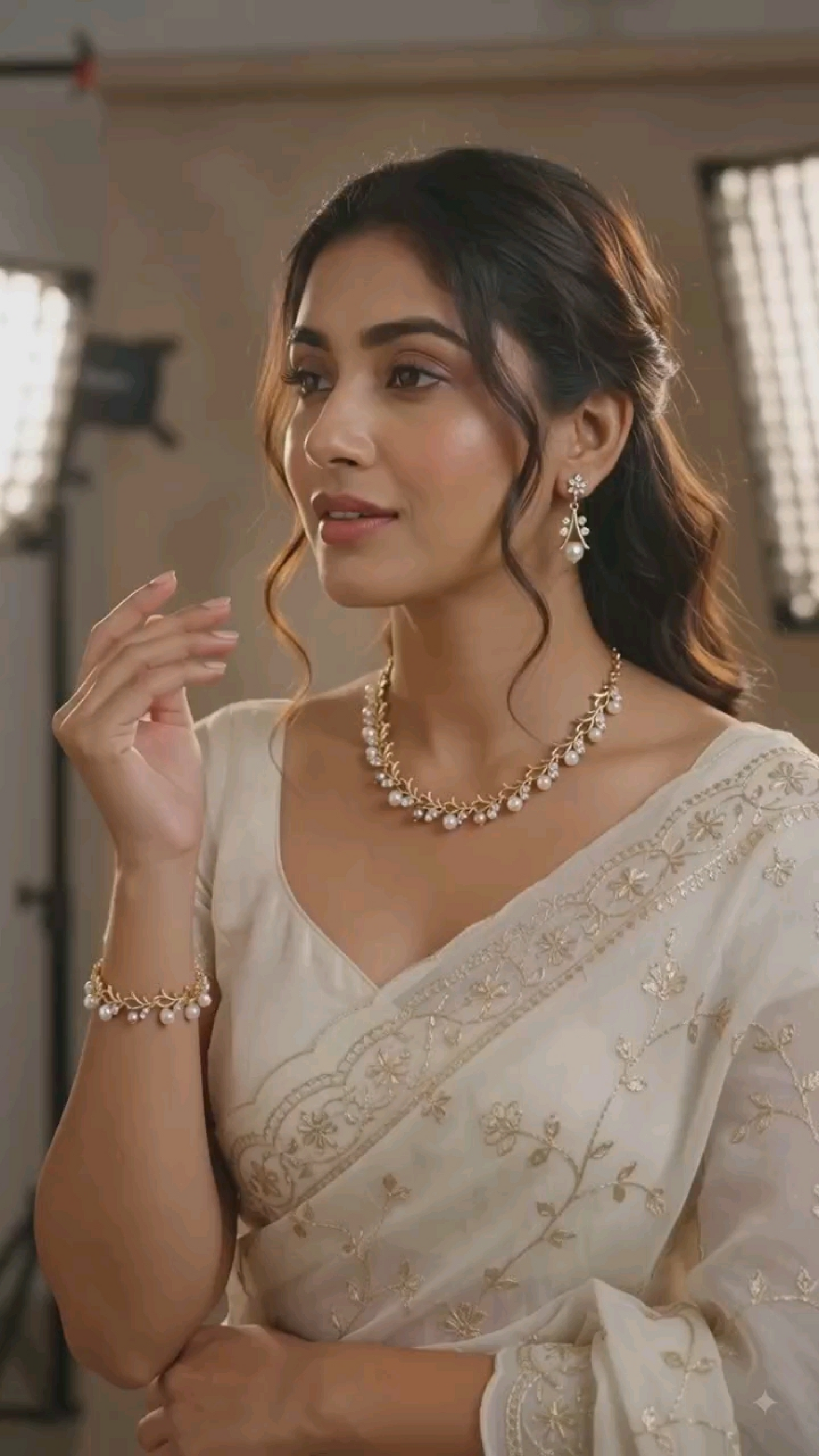 Model wearing faux pearl jewellery set with necklace earrings and bracelet in gold tone – festive wear for women