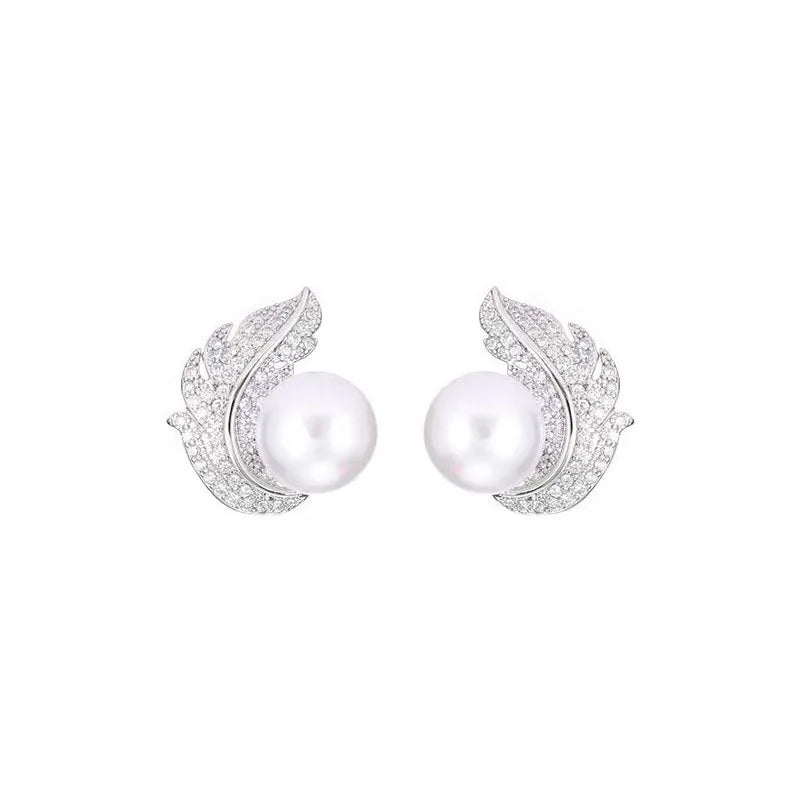 Feather pearl stud earrings in 925 sterling silver with rhinestone inlay – lightweight daily wear earrings for Indian women