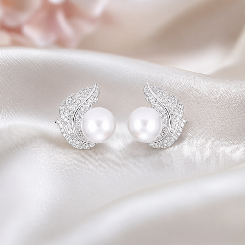 Feather stud earrings with rhinestone inlay and pearl-tone finish – 925 sterling silver hypoallergenic earrings for women