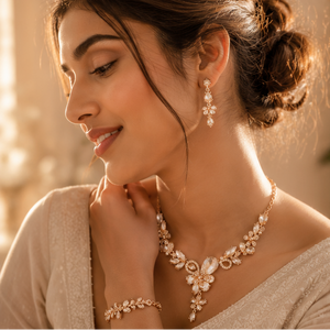 Floral crystal bridal necklace set worn styling gold-tone CZ for women JeevaFashions