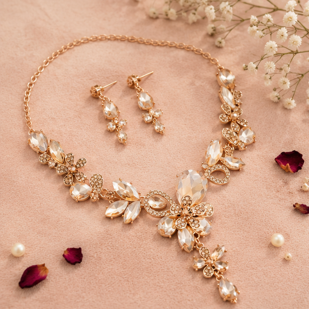 Floral CZ bridal jewellery set necklace earrings reception look for women JeevaFashions