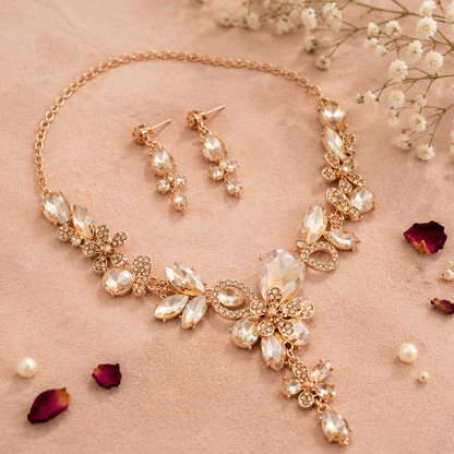 Floral CZ bridal jewellery set necklace earrings reception look for women JeevaFashions