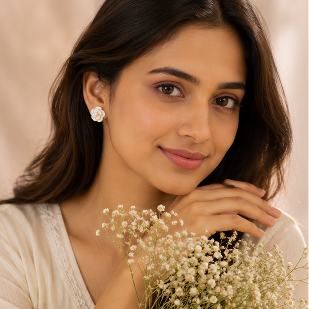 Floral faux pearl earrings styled with Indian outfit for women JeevaFashions
