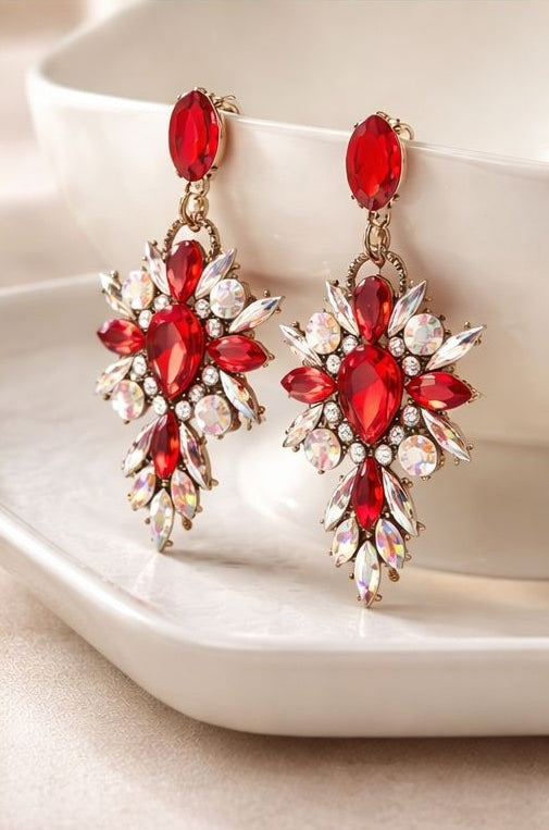 Floral red crystal statement earrings detail shot JeevaFashions