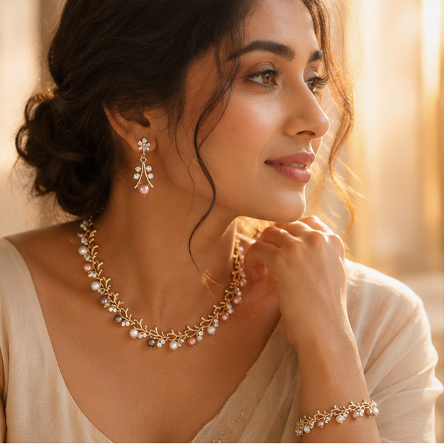Geometric gold tone pearl necklace close-up anti-tarnish for women at JeevaFashions