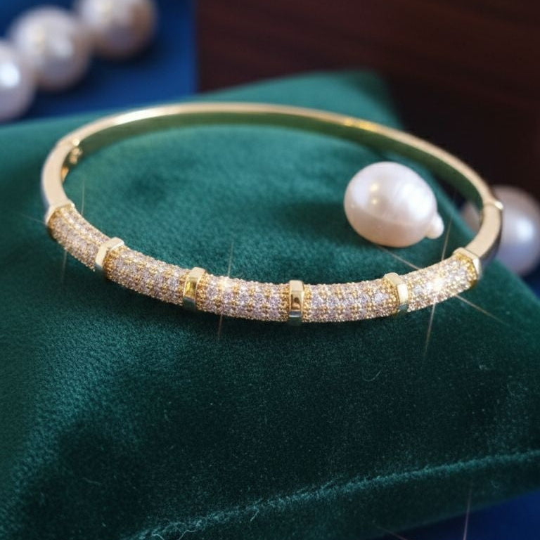 Close-up of gold plated geometric kada bracelet – anti-tarnish cuff bangle for women festive wear