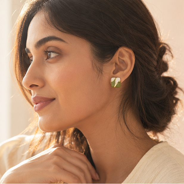 Pair of geometric olive green enamel stud earrings – lightweight square studs for college office and daily wear Indian women