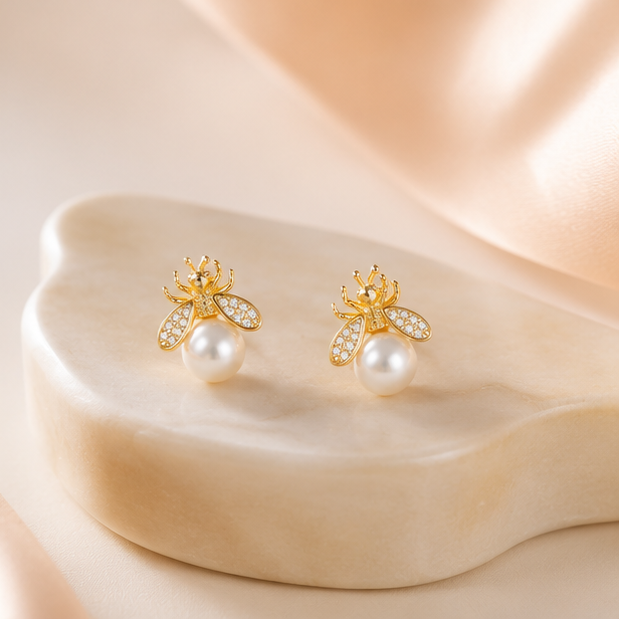 Gold tone bee earrings with pearl drop for weddings JeevaFashions